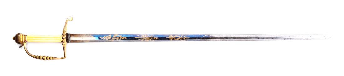 Early and Fine American Pillow Pommel Officer's Sword.: Straight, single-fullered imported English blade. Marked "Warranted" on one side. Both sides decorated with large blued panels, with engraved and gilt decorated designs. The right side displays arms m