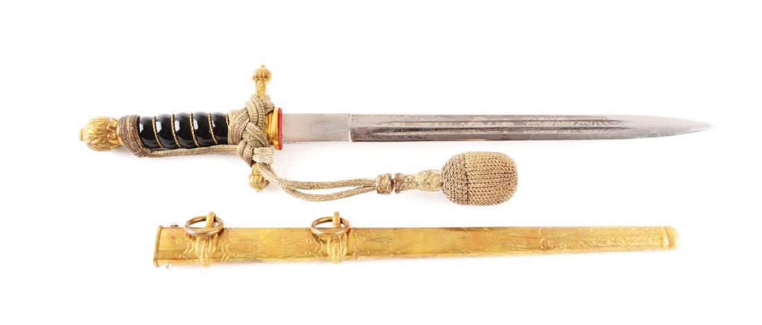 Scarce 1919/1921 German Weimar Navy Dagger.: A 1919/ 1921 Weimar Navy dagger made by Alcoso with a 10" engraved blade. Lightning bolt scabbard with figure "8" bands. Extra fine detail on pommel and dagger comes with a portepee. Parts numbered "9