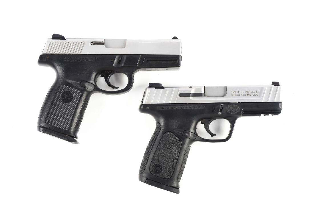 (M) Lot of 2: S&W Semi-Automatic Pistols.: Gun (A) is a cased Model SW40VE semi-automatic pistol in .40 S&W. This semi-automatic pistol is in as new condition inside and out. Comes with three magazines in original box numbered to gun. Gun (B) 