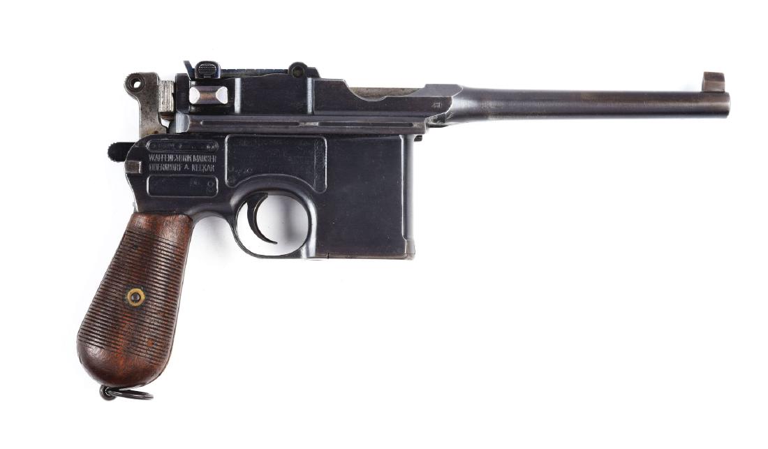 (C) Commercial Mauser Model C96 Semi-Automatic Pistol.: This is listed as a standard war-time Commercial Mauser. Has the late adjustable marked 50 to 1000 rear sight. "NS" stamped on back of hammer. All matching numbers. Excellent walnut 30-groove grips. f