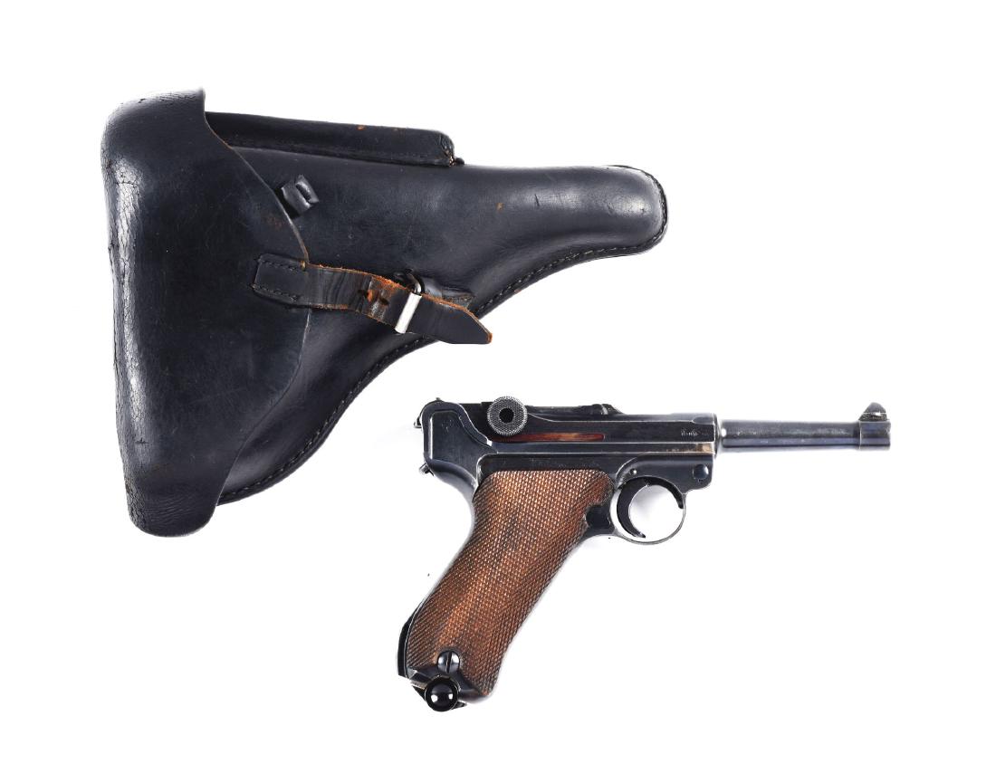 (C) 1934 Mauser byf Luger Semi-Automatic Pistol.: The byf code indicates that this pistol was manufactured by Mauser and is dated 1942. This pistol was manufactured for the German military in 1941 and 1942. Features: 4â€, 9mm, "byf" stamped on tog