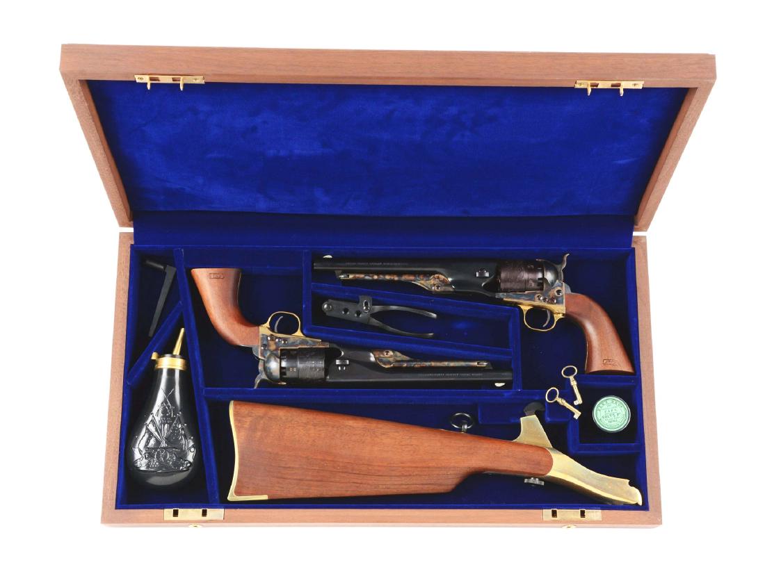 (A) "United States Cavalry Commemorative" Set of 1860: This beautiful set was sold in 1977. It is the Colt U.S. Cavalry Commemorative two gun cased set. Has matching serial numbers and is housed in a velvet oiled American walnut presentation case. Has the