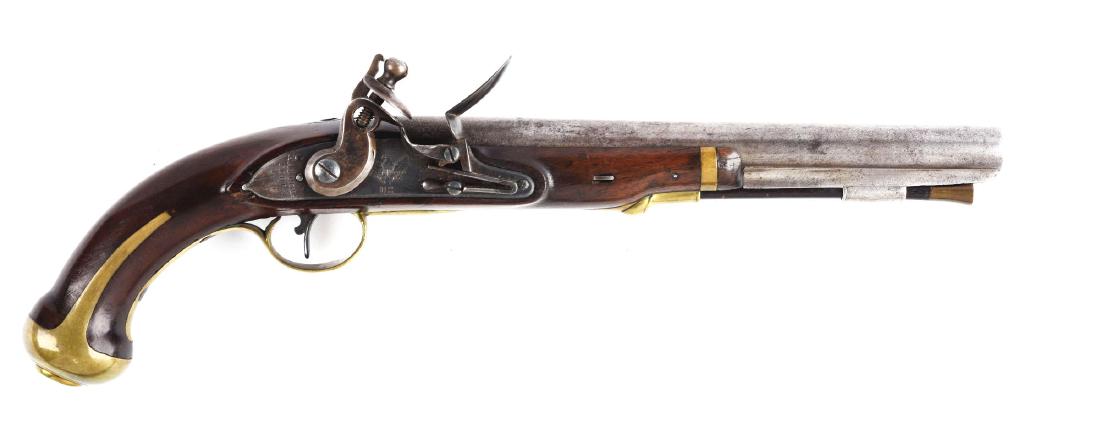 (A) U.S. Harpers Ferry Model 1805 Flintlock Pistol: Round smoothbore steel barrel marked on left side , near breech, with an eagle head over "P" and "US" in an oval, as well as number "13" with part of number not legible. Rib mounted under barrel and f