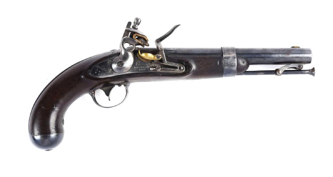 (A) U.S. Model 1836 Flintlock Single Shot Martial: The Model 1836 was the last U.S. martial pistol made using the flintlock mechanism. About 41,000 were manufactured between 1836 and 1844 by Asa Waters and Robert Johnson. This was the standard issue p
