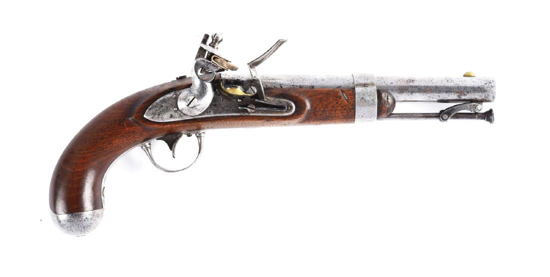 (A) U.S. Model 1836 Flintlock Martial Pistol by Waters.: The Model 1836 was the last U.S. martial pistol made using the flintlock mechanism. About 41,000 were manufactured between 1836 and 1844 by Asa Waters and Robert Johnson. This was the standard issue p