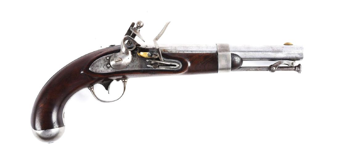 (A) U.S Model 1836 Flintlock Martial Pistol by Johnson.: The Model 1836 was the last U.S. martial pistol made using the flintlock mechanism. About 41,000 were manufactured between 1836 and 1844 by Asa Waters and Robert Johnson. This was the standard issue p