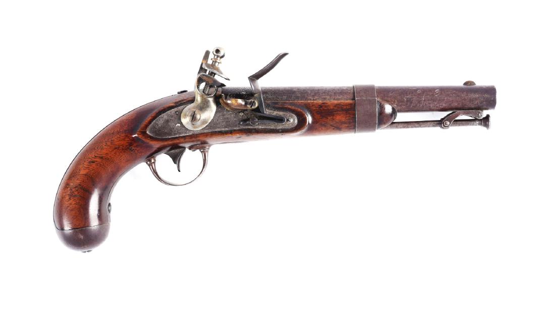 (A) U.S. Model 1836 Flintlock Single Shot Martial: The Model 1836 was the last U.S. martial pistol made using the flintlock mechanism. About 41,000 were manufactured between 1836 and 1844 by Asa Waters and Robert Johnson. This was the standard issue p