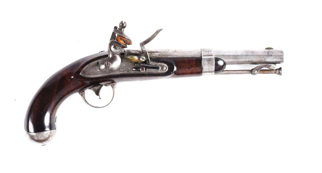 (A) U.S. Model 1836 Flintlock Martial Pistol by: The Model 1836 was the last U.S. martial pistol made using the flintlock mechanism. About 41,000 were manufactured between 1836 and 1844 by Asa Waters and Robert Johnson. This was the standard issue p