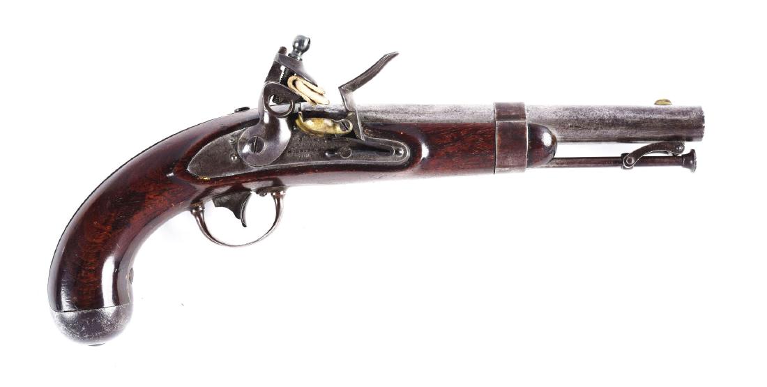 (A) U.S. Model 1836 Flintlock Martial Pistol by Waters.: The Model 1836 was the last U.S. martial pistol made using the flintlock mechanism. About 41,000 were manufactured between 1836 and 1844 by Asa Waters and Robert Johnson. This was the standard issue p