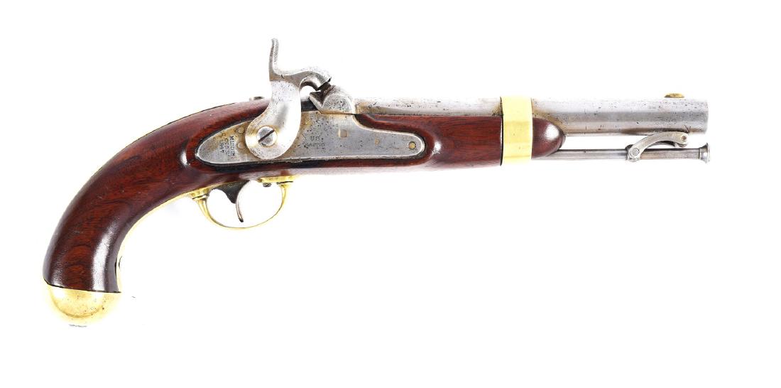 (A) U.S. Model 1842 Percussion Single Shot Martial: The Model 1842 is the first percussion pistol adopted by the U.S. government. About 41,000 made by H. Aston, I.N. Johnson, and Palmetto Armory between 1846 and 1855. Round smoothbore steel barrel is s