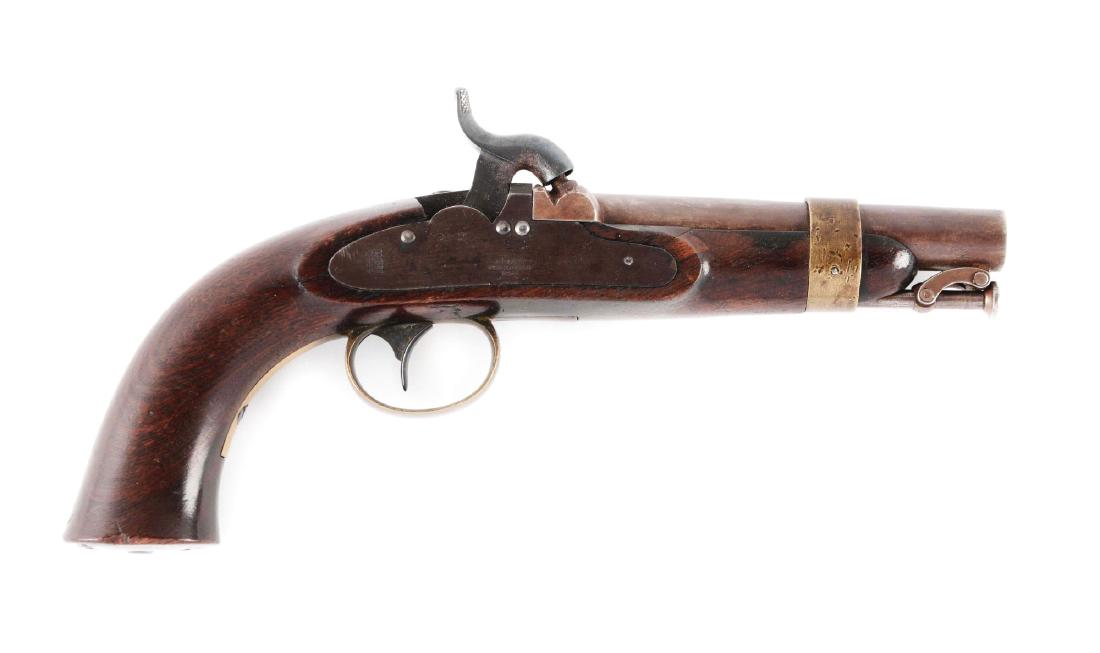 (A) N.P. Ames U.S. Navy Boxlock Percussion Pistol.: This model is often referred to as the "Box Lock" Model or Model 1843. Only about 2000 manufactured between 1842 and 1847. Round smoothbore steel barrel stamped "RP/P" at breech. Flat internal mechani