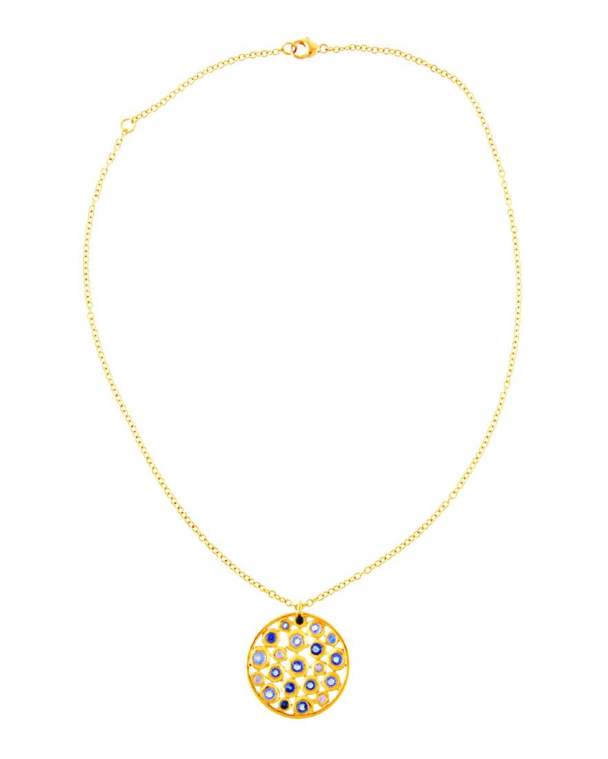 18K Yellow Gold Necklace w/ Tanzanite.: This Ippolita 18K yellow gold and Tanzanite necklace is approximately 18" long. The circular pendant, yellow gold and tanzanite pendant has a diameter of just over 1". There are 18 tanzanites of vario