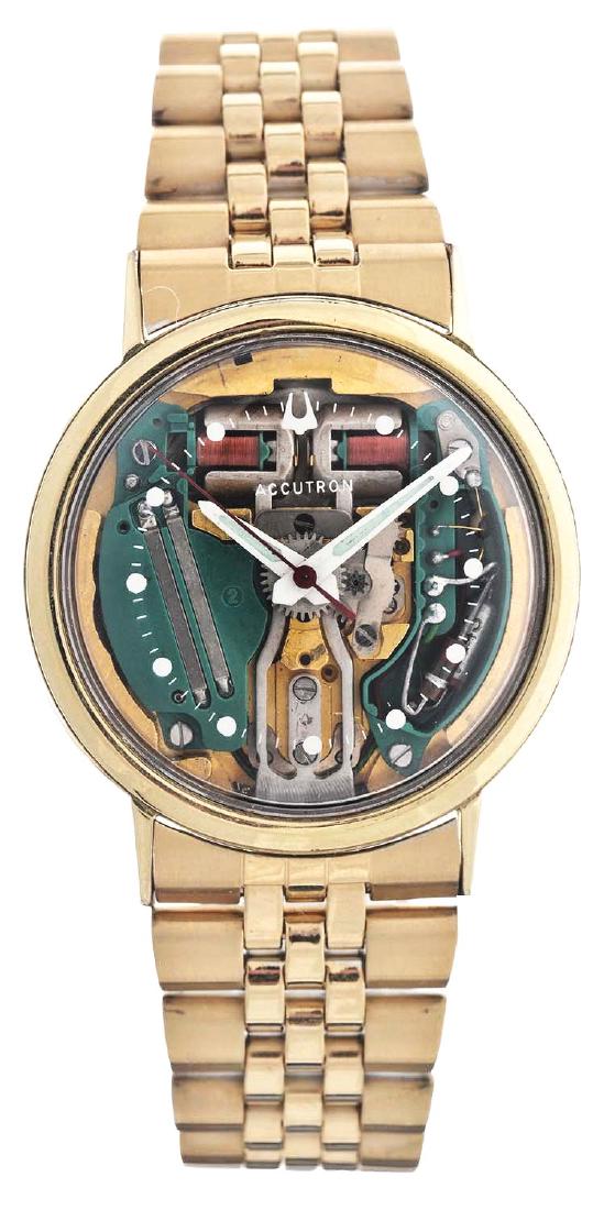 Bulova Accutron Yellow Gold Filled Spaceview Wrist: Bulova Accutron Yellow Gold Filled Spaceview Wrist Watch. 36mm case diameter. Spidel bracelet in gold filled metal. Folding clasp. Caseback marked "Bulova". Circa 1970.Condition:(Near Mint).Dimensions