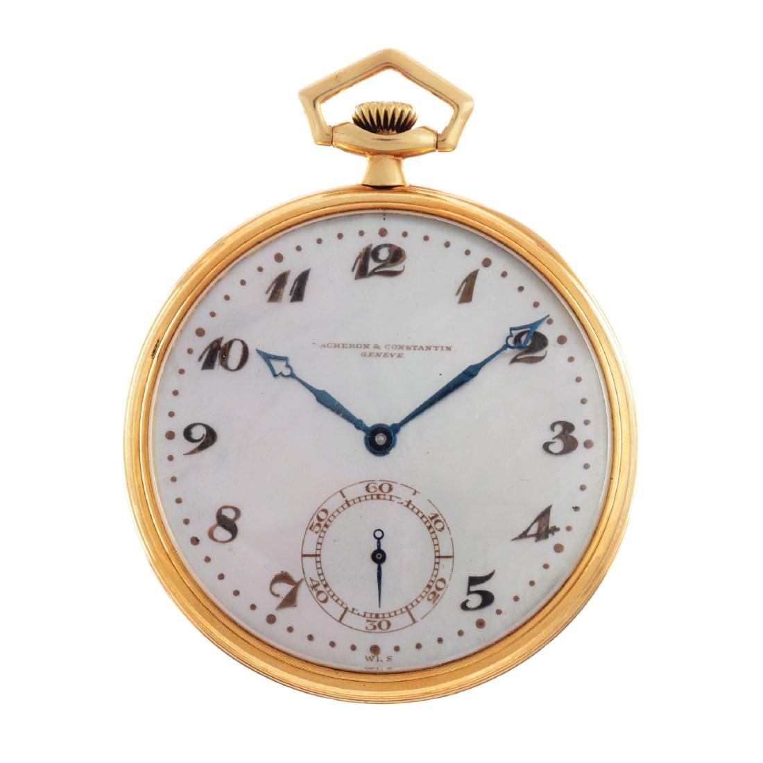 Vacheron Constantin Mother of Pearl 18K Yellow Gold: 46mm case diameter. Case serial 217579. Dust cover heavily scratched. Dust cover says "Pittsburgh 1924". Movement signed "Vacheron & Constantin 18 jewel 396973 SWISS". Stunning Mother of Pearl dial. B