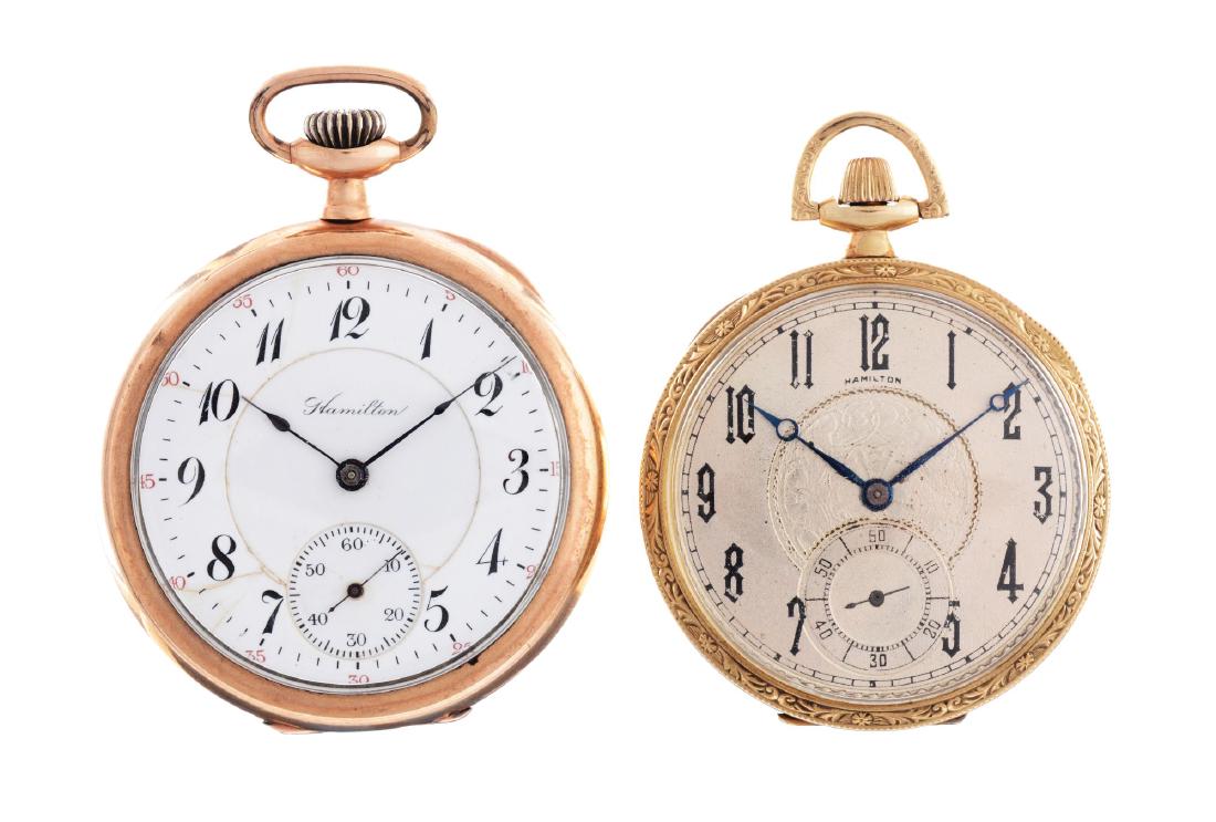 Lot of 2: Hamilton Yellow Gold Filled Pocket Watches.: The first is a Hamilton Yellow Gold Filled Pocket Watch. Not working. Beautiful silver dial. Fine blue steel moon hands and fine black steel seconds hand. Movement signed "Hamilton". Servicing require