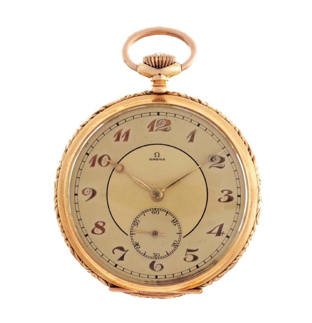 Omega 14k Yellow Gold Pocket Watch.: 51mm case diameter. Case 5481613. Movement signed "Omega Watch Co. Swiss 5481613 21 jewel". Two tone gold dial. Arabic numerals. Fine yellow moon hands with fine yellow seconds hand. Engraved case.Con