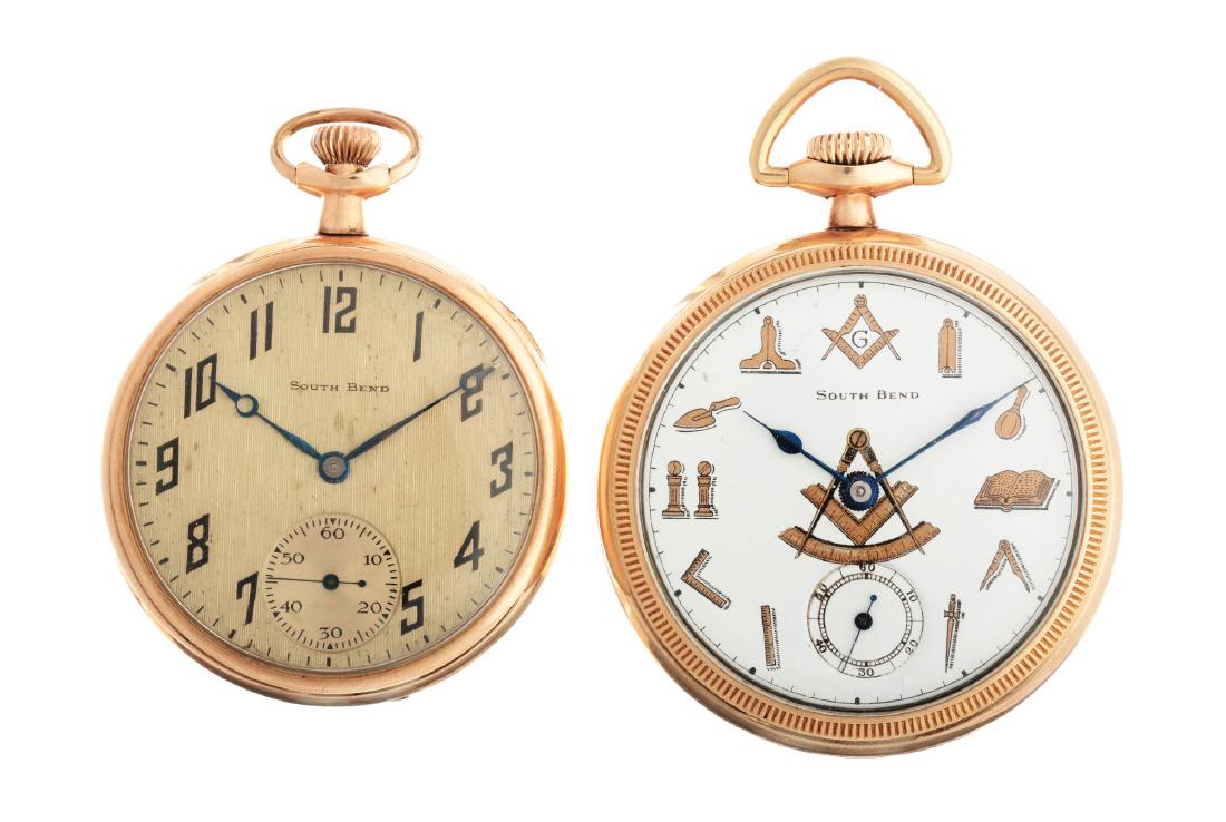 Lot of 2: South Bend Gold Filled Pocket Watches.: The first one is a South Bend Model 429 Gold Filled Pocket Watch. 45mm case diameter. 19 jewel movement, signed "South Bend Watch Co. USA". Beautiful movement decorated with Geneva stripes. Caliber 42