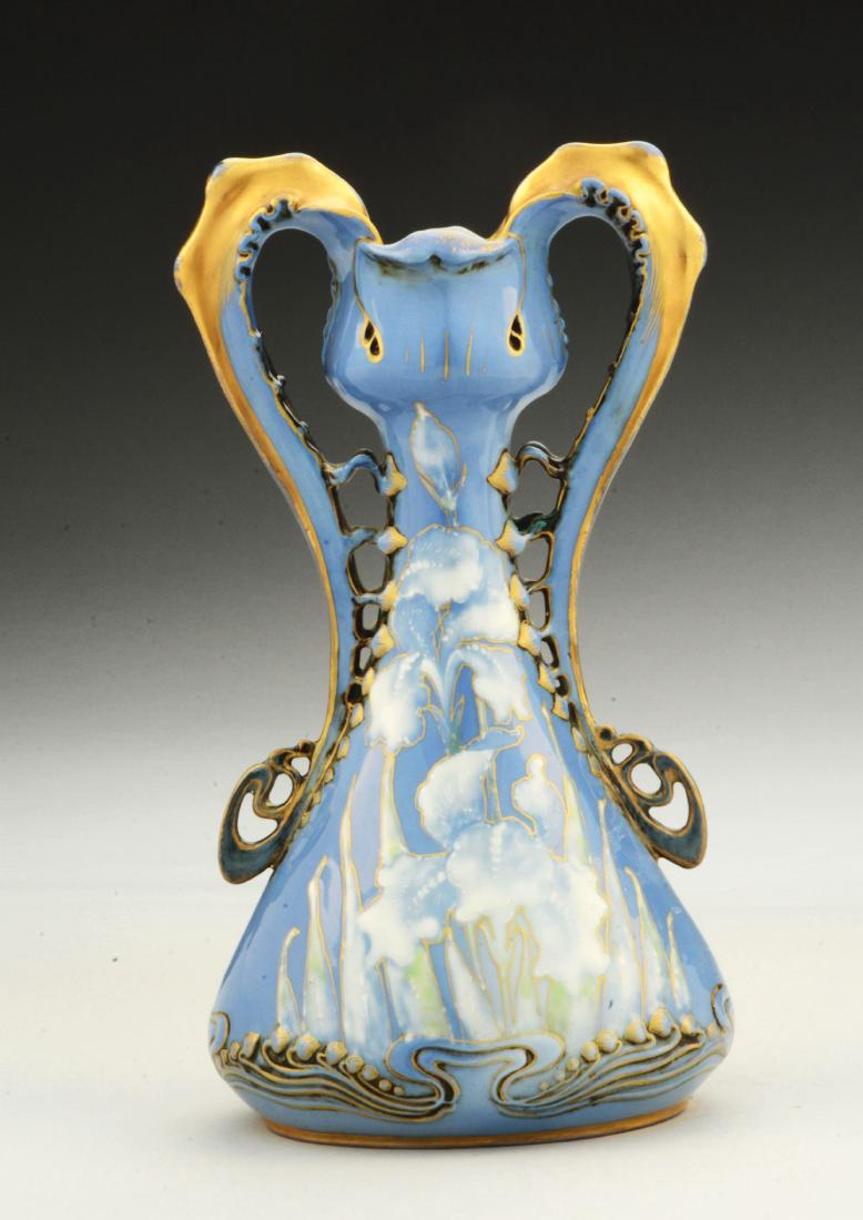 Amphora High Fired Ceramic Paul Dachsel Designed Two: Vase with enameled iris decoration. Circa 1901. Amphora oval mark, 3 rifle mark (Max Emanuel Co. London), impressed 24. Condition:(Mint).Dimensions:9 - 1/4" x 5".
