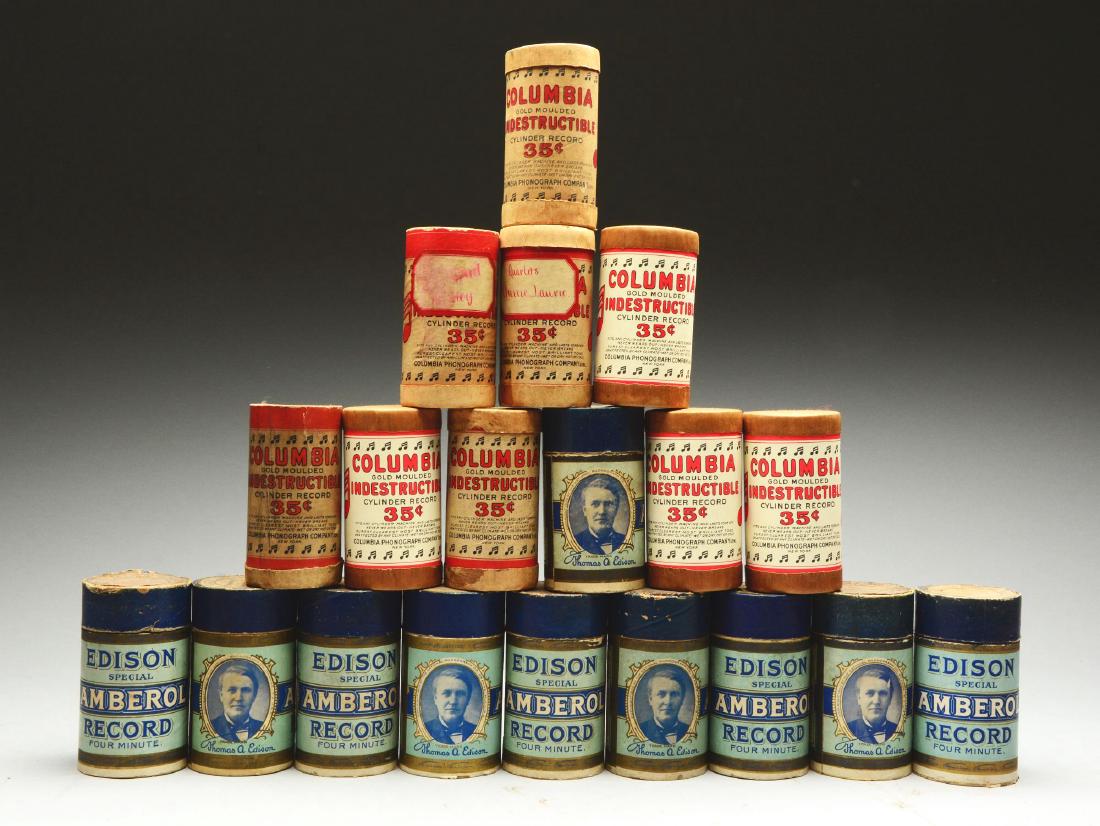 Lot of 10: Edison Amberol Four Minute Records.: This lot consists of ten Edison Amberol four minute records with containers and lids. There are approximately eight Columbia records with containers and lids. Overall the pieces in this lot are in goo