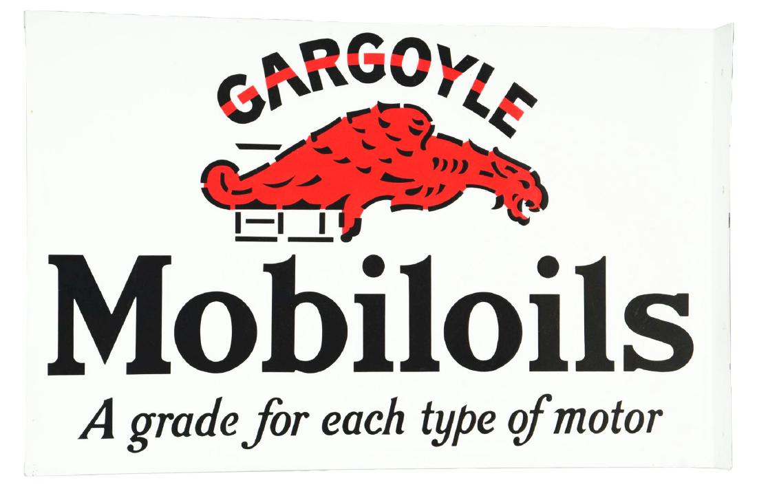 Reproduction Mobiloils Porcelain Flange Sign.: DSP flange sign showing the Gargoyle logo on a white background. Reads "A grade for each type of motor". Excellent color and shine with a few minor surface scrapes but free from chips. Condition:(Repr