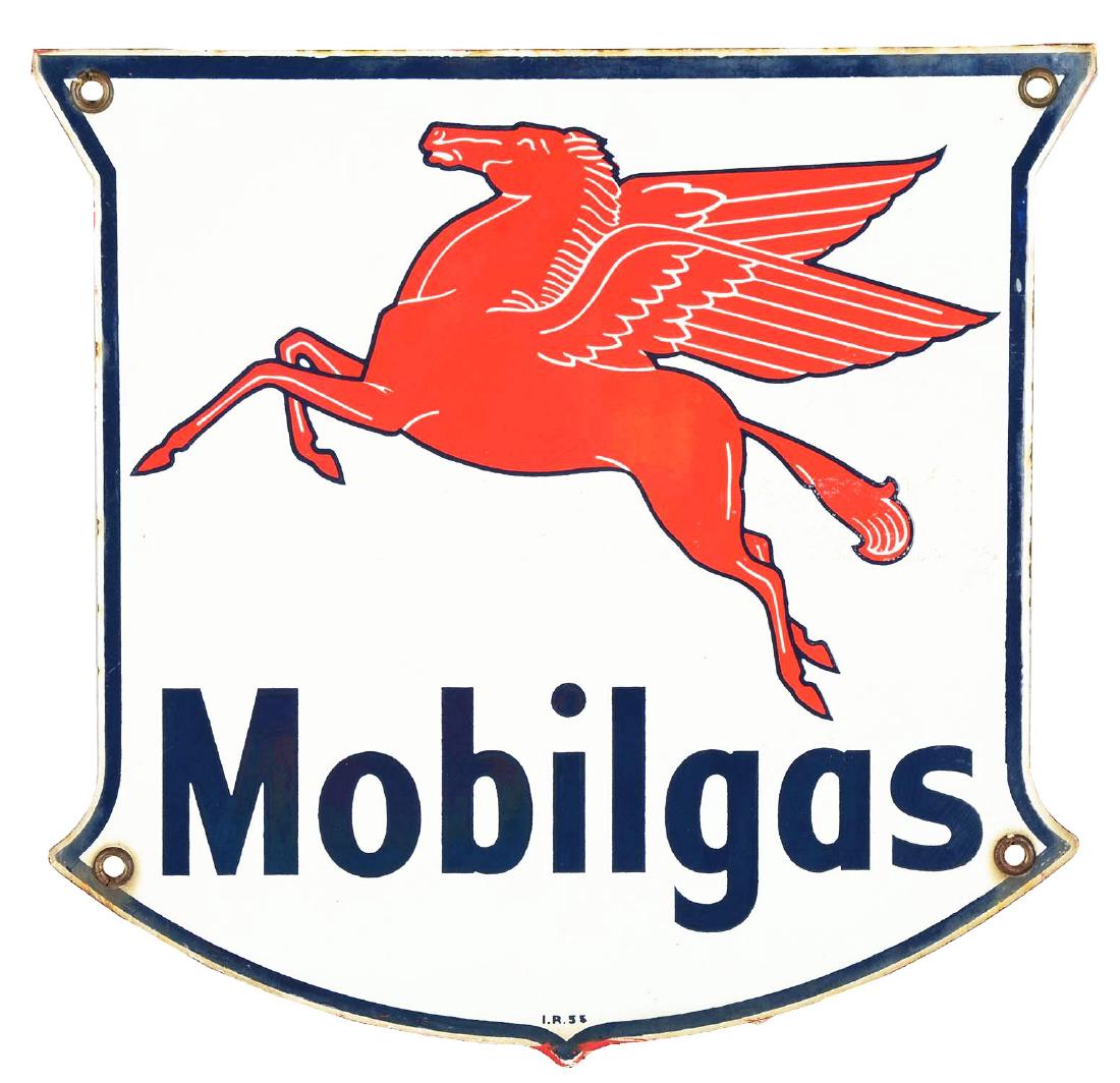 Mobilgas Porcelain Pump Plate w/ Pegasus Graphic.: SSP sign. A very nice example of this pump plate. Excellent color and gloss with minimal wear at the outer edge. Dated 1955. Condition:(9.0). Dimensions: 12" T x 12" W.