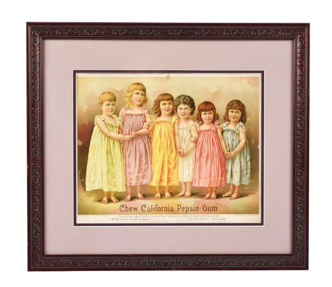Chew California Pepsin Gum Sign.: Fantastic image of six girls waiting for a piece of California Pepsin Gum. It has some soiling and wear to the top center mounting hole. Dated 1892. Condition:(Very Good).DimensionsFramed: 18" x 20 - 