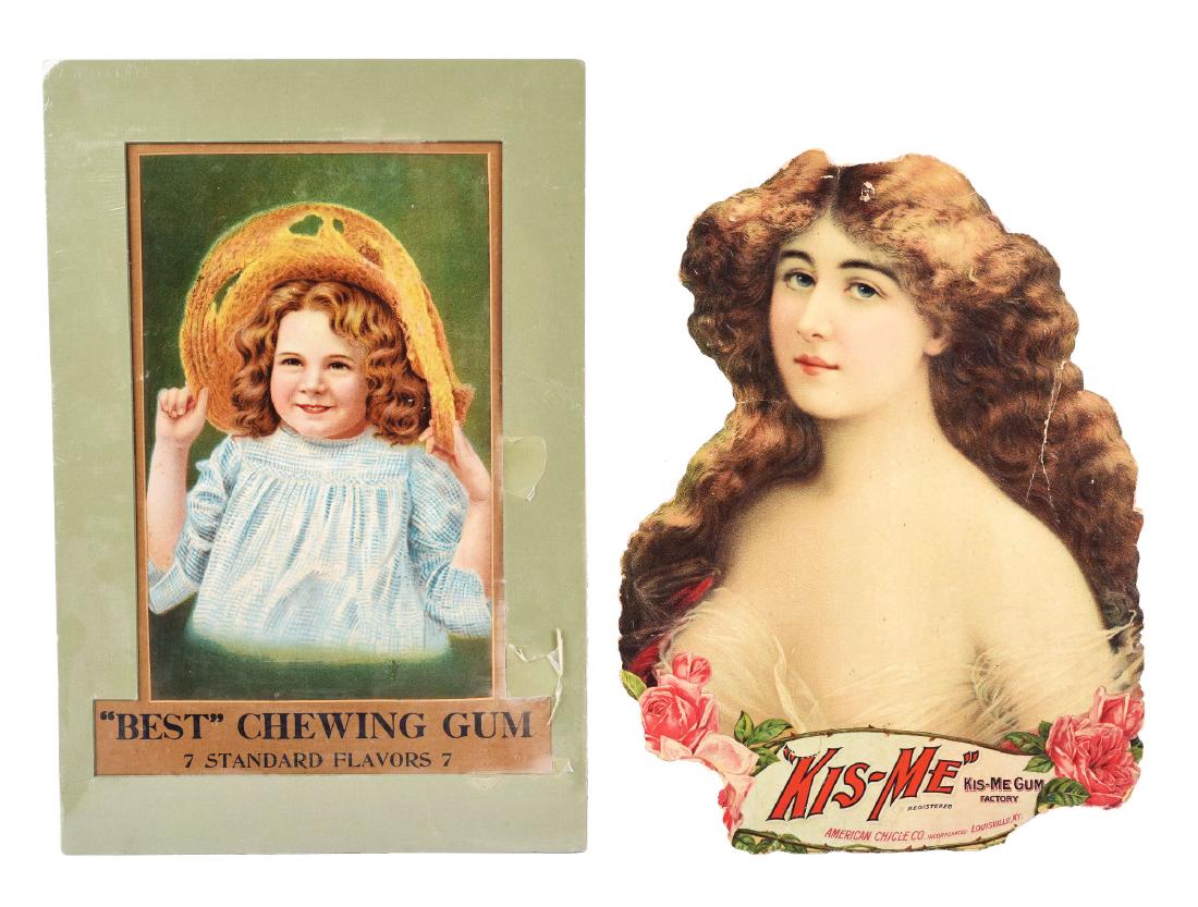 Lot Of 2: Best & Kis-Me Chewing Gum Advertising Signs.: The Kis-Me sign is diecut cardboard and has moderate wear, soiling, heavy edge wear with cardboard loss. The Best Chewing Gum sign is matted and shrunk wrapped. It has moderate soiling with light wear