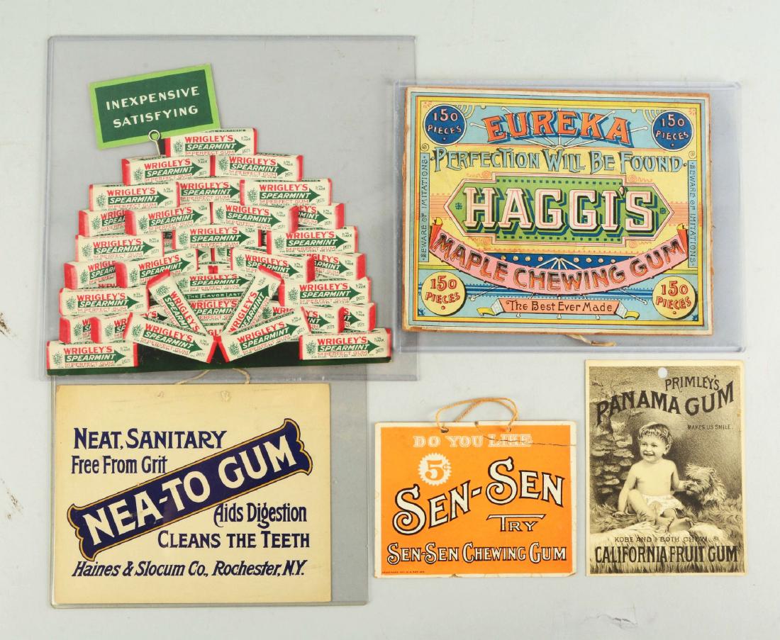 Lot Of 5: Assorted Chewing Gum Advertisments Signs.: Lot includes signs from: Sen-Sen Gum, Panama Gum, Nea-To Gum, Wrigley's Gum and Eureka Gum. Condition:(Good - Very Good).DimensionsLargest : 10" x 11 -1/4".Condition:(Good - Very Good).DimensionsLarge