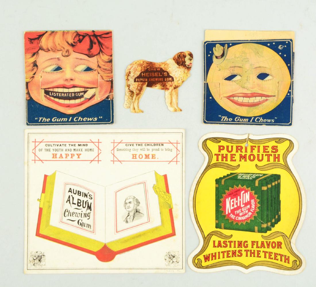 Lot Of 5: Early Chewing Gum Advertising Pieces.: All are in very good to excellent condition.Condition:(Very Good - Excellent).DimensionsLargest : 6 -1/4" x 7".Condition:(Very Good - Excellent).DimensionsLargest : 6 -1/4" x 7".