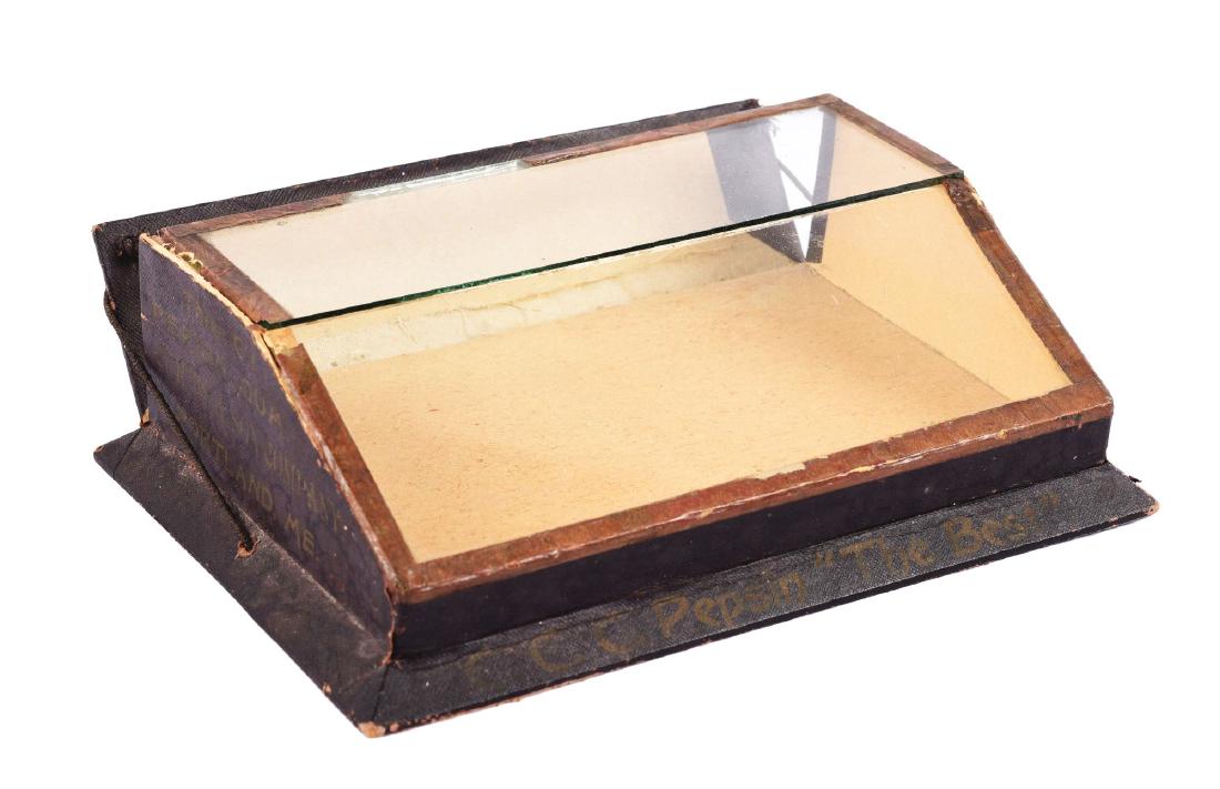 Three C's Pepsin "The Best" Small Gum Display.: Scarce display made of cardboard with a glass front and wooden base. The left edge is not attached on the top glass. There are a few areas of paper loss but overall the case displays well. Condition:(
