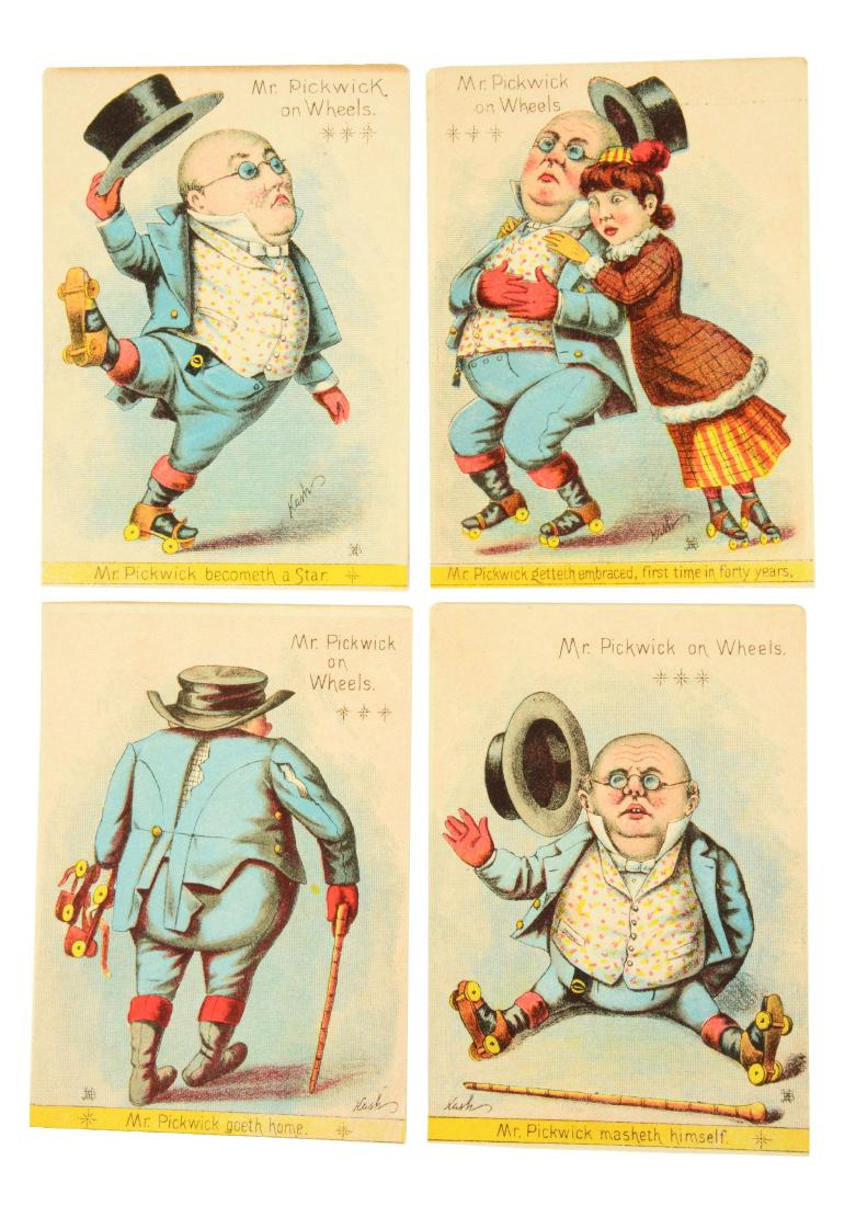 Lot of 22: Miscellaneous Trade Cards.: Lot includes: four Mr. Pickwick on Roller Skates, Eden Musee, Cowperthwait Store 1887, Berry Brothers Varnishes, Rye Whiskeys, Safety Insulated Wire & Cable Co., seven Victorian calling card trade car