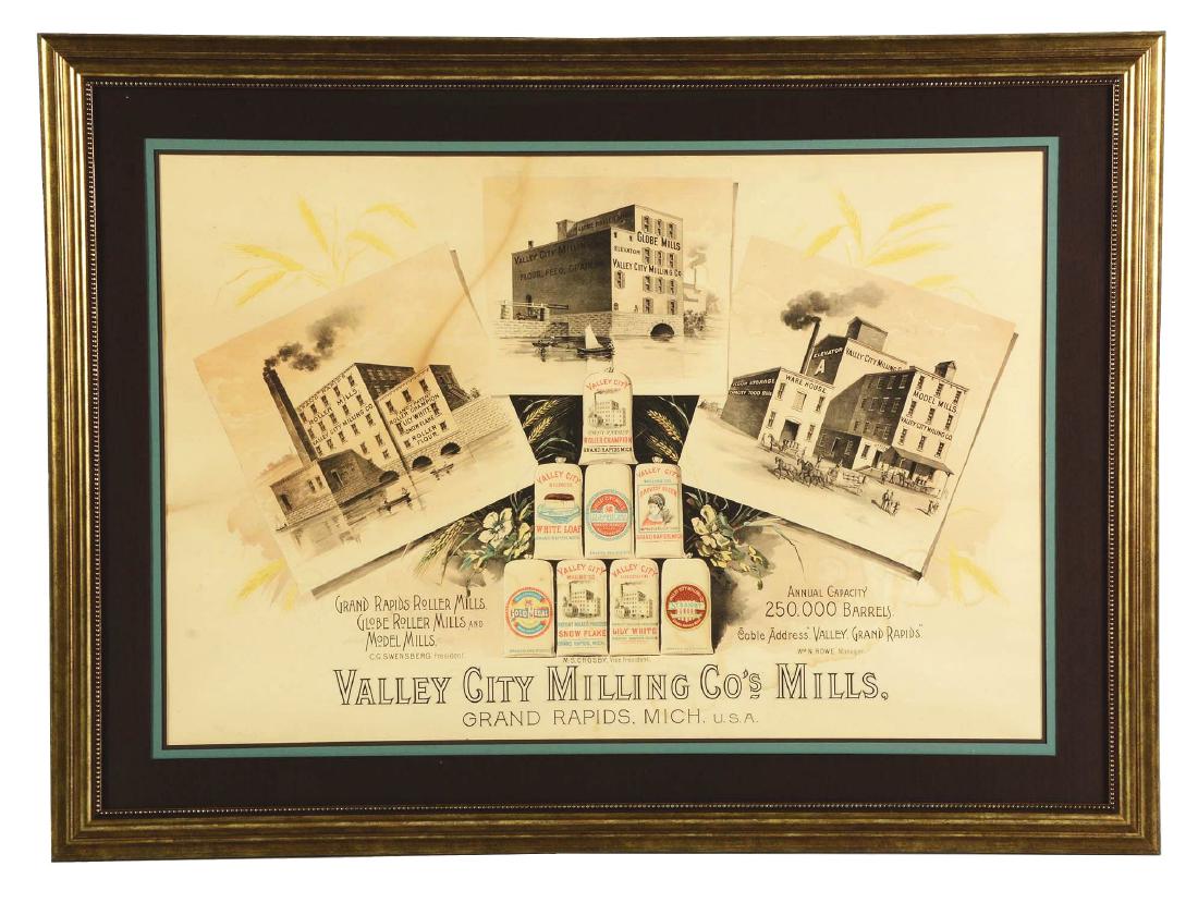 Valley City Milling Co's Mills Poster.: This poster is framed behind glass. Made by Beck and Pauh Litho Co. There are some very minor fold marks on the poster as well as some soiling. Condition:(Very Good).DimensionsFramed: 42 - 1/4" x 31 -
