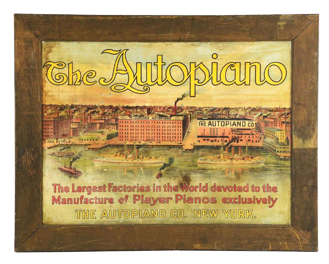 The Autopiano Co. Cardboard Advertising Sign.: This large sign is framed with out glass. It shows a great scene of the Autopiano factory on an active river with ships. The sign has moderate soiling, dings, some paper loss and fading. Condition:(Go