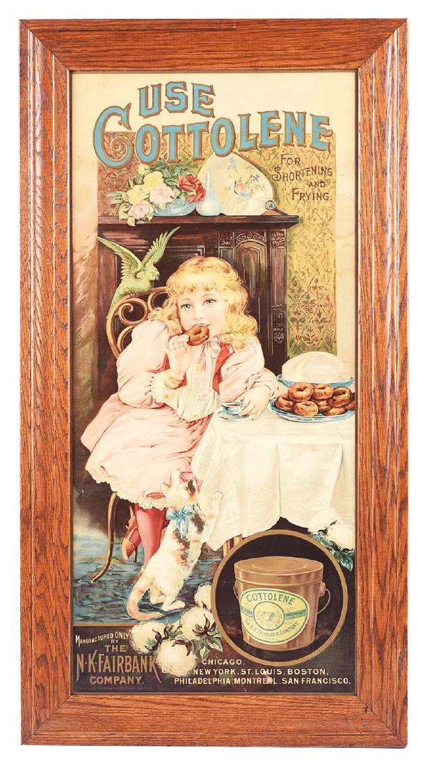 Cottolene for Shortening & Frying Advertising Poster.: Framed behind glass. The poster shows a well dressed young girl enjoying some tea and donuts. The poster has some toning and some tiny closed punches around the top left section. There is also a secti