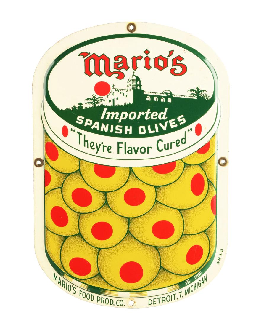 Mario's Spanish Olives Tin Advertising Sign.: This sign has an embossed jar image on the front. Made by the A.M Sign Company, it is dated 1955. It is in fantastic condition, with almost no wear.Condition:(Excellent).Dimensions13 - 1/4" x 9".Condi