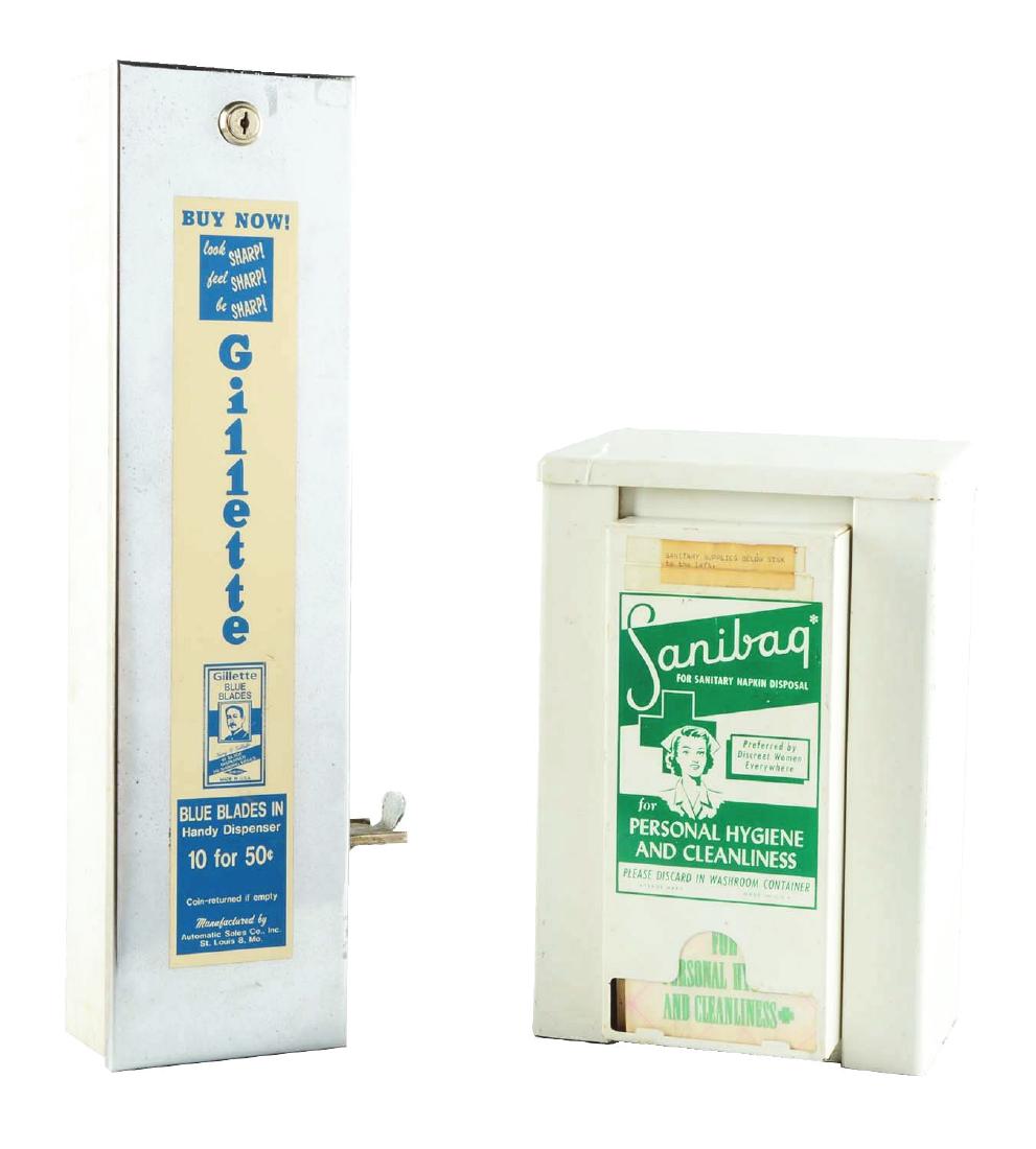 Lot of 2: Sanibag & Gillette Dispensers.: The Gillette Dispenser appears to have a new decal on the front and does come with its original key. The Sanibag dispenser has an original design on the front and is full of product.Condition:(Very Go