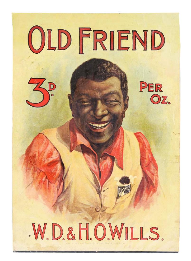 Old Friend W.D. & H.O.Wills. Tobacco Sign.: This cardboard sign is shrunk wrapped on to foam board. It has a great image of a smiling African American man with a pack of tobacco in his vest pocket. There is some soiling throughout and some touc