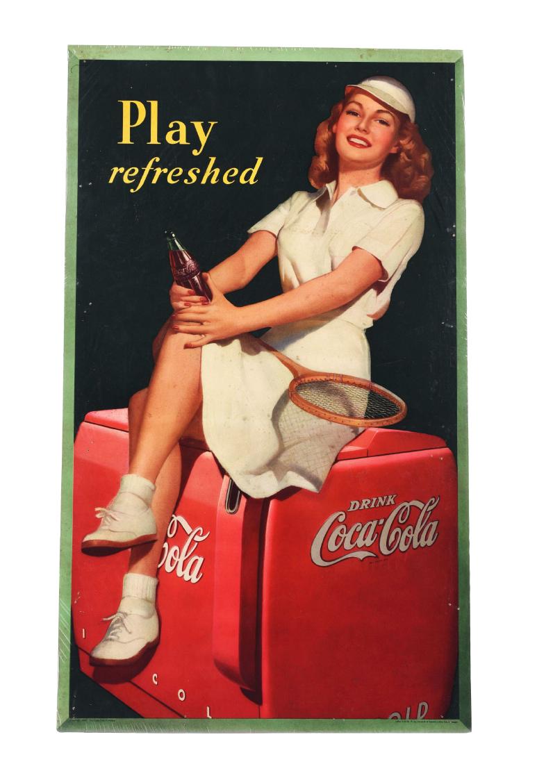 Coca-Cola Tennis Girl Cardboard Advertising Sign.: Marked "Edwards and Deutsch Litho", dated 1949. The colors are slightly muted. There is some edge wear as well as some staple marks around the entire sign.Condition:(Very Good).Dimensions27" x 16".Con
