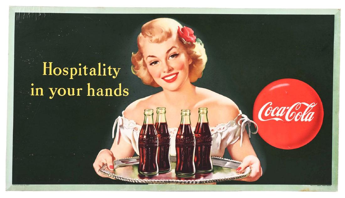 Coca-Cola Hospitality Cardboard Advertising Sign.: Sign is dated 1949 and was made by McCandlish Lithography Company. The edges and boarders show some signs of soiling, there is some water damage to the upper left section of the sign, and some very li