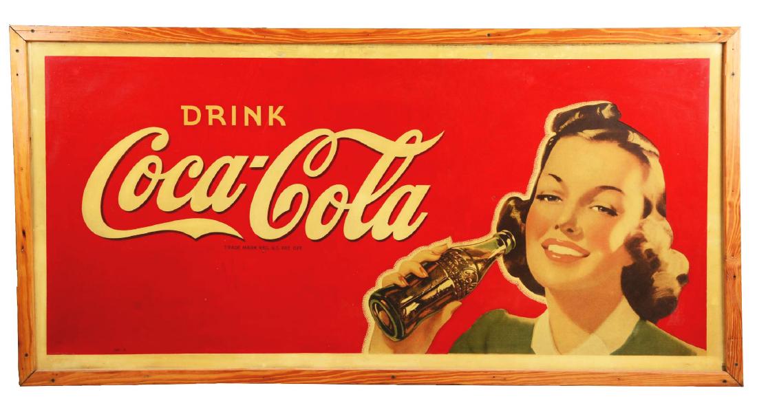 Coca-Cola Oversized Tin Advertising Sign.: This sign is titled "Drink Coca-Cola" and has a wooden frame. There are some border scrapes, soiling, and dust although should clean up to a better grade.Condition:(Very Good).DimensionsFramed: 71" x 