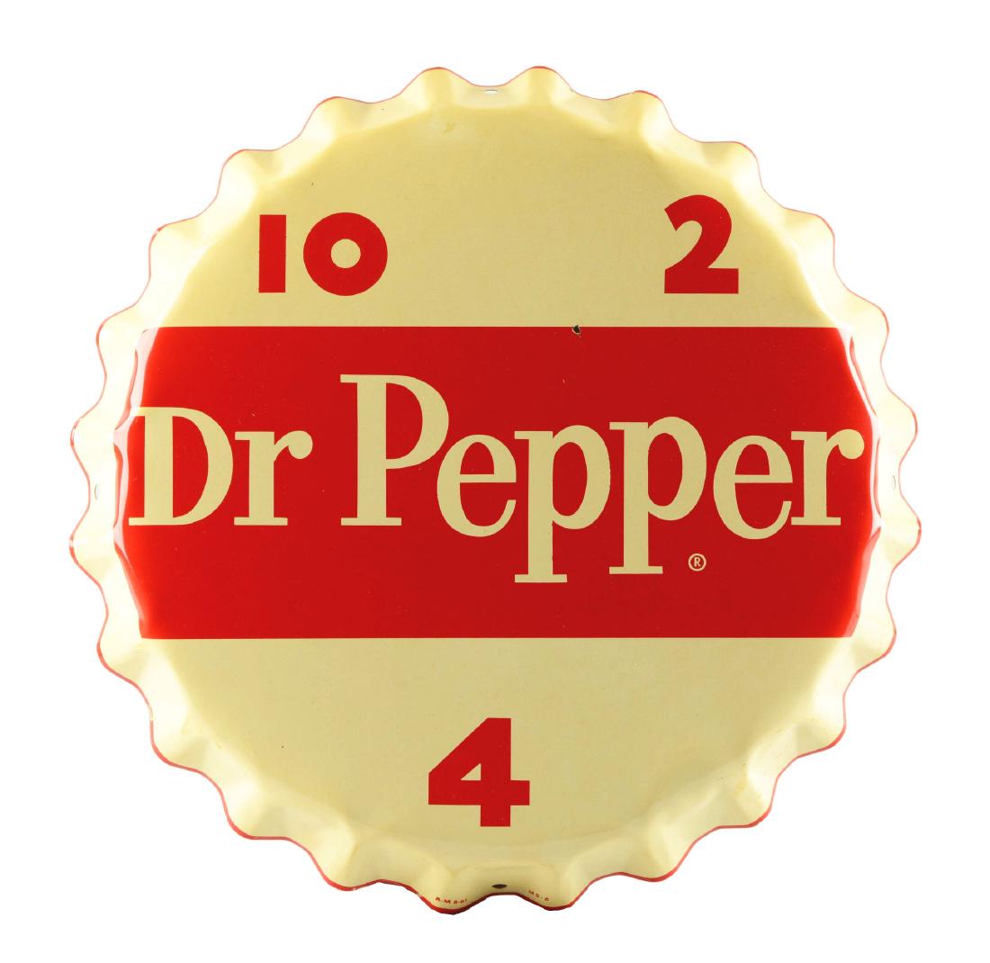 Dr. Pepper Bottle Cap Tin Sign.: Nice sign with a few nicks in the paint and some staining on the right side edge. Condition:(Very Good Plus).Dimensions18" Dia.Condition:(Very Good Plus).Dimensions18" Dia.