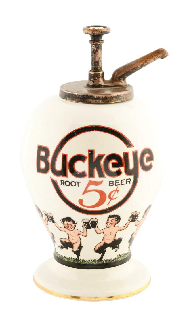 Buckeye Root Beer Ceramic Syrup Dispenser.: Includes a Buckeye Root Beer pump. Colors are strong. There is a stress crack on the lip with some light wear with a few scrapes. Display wells.Condition:(Very Good).Dimensions14 - 1/4" T. Condition:(