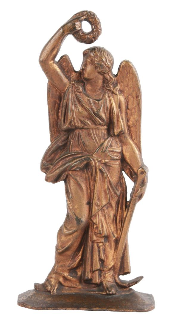 Cast Iron Angel Doorstop.: English. Depicts angel with wings holding wreath above head. Dimensions: 14 - 3/4" T. Condition: (Excellent).