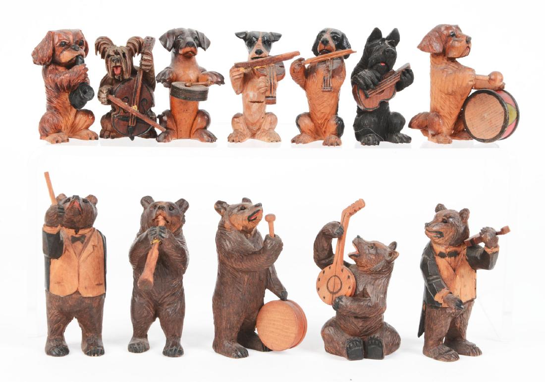 Lot of 12: Carved Wooden Bears & Dogs Band Members. (1 of 1)