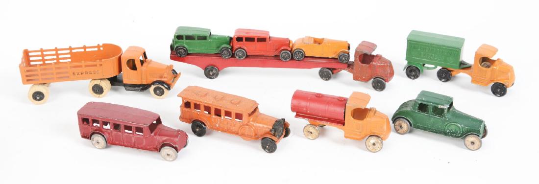 Lot of 7: Pre-War Tootsie Toy Vehicles.: Lot includes: American Express C Cab Mac Tractor Trailer - complete and all original, very clean and attractive. Mac Express Stake Body Trailer - complete and all original, very clean and attractive. 