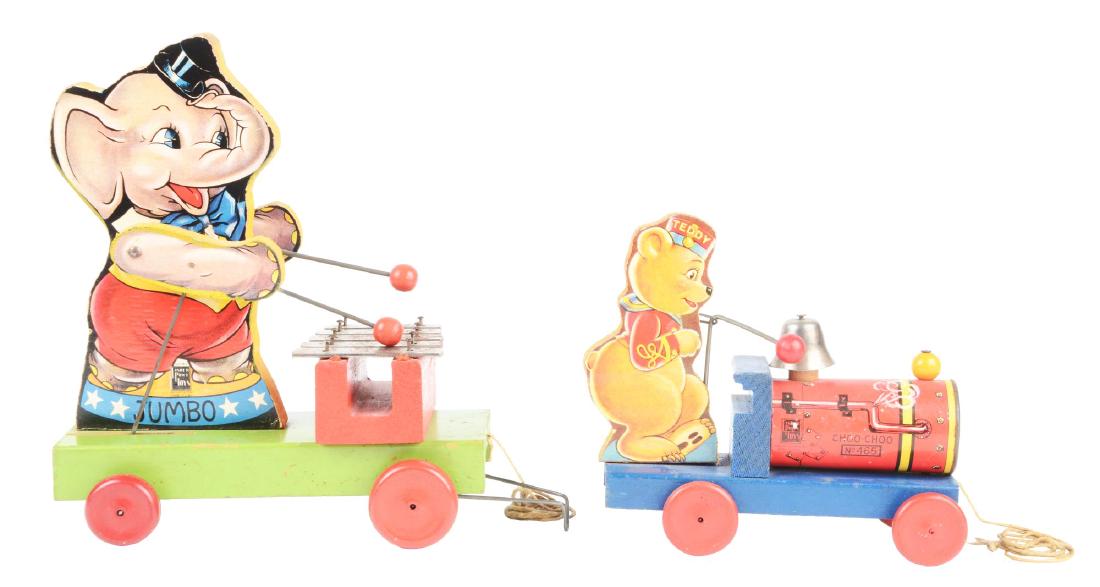 Lot Of 2: Fisher Price Paper on Wood Animal Bell Toys: The first one is the No. 780 Jumbo Xylophone, circa 1937. Bare metal xylophone keys are original but have some oxidation. Original mallets. The second one is No. 465 Teddy Choo-Choo. Original mallet. 