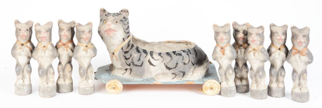 Scarce French Paper Mache Cat Nine Pins Scittal Set. (1 of 2)