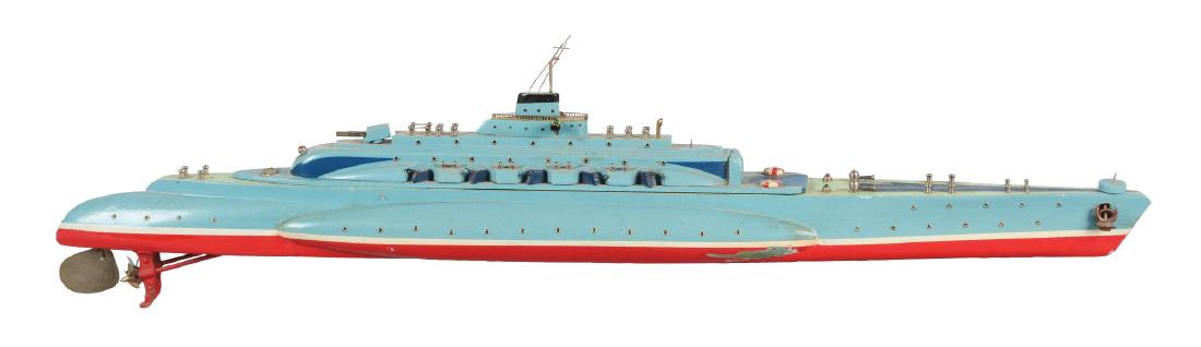 Pre-war Japanese Wooden Battery Operated Submarine.: Twin screw, nice brass rudder. Made by TMY Japan. Mostly complete, missing one gun on the top deck and one flag on rear. Has 10 smaller guns. Tri-colored with no real cracking. Dimensions: 34" x 8" x 