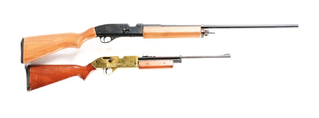 Lot of 2: Crosman Air Rifles.: Gun A) Model 1100 Trapmaster. .380 bore, CO2, matte black paint finish. Manufactured 1968-1971. Stock has a few small scratches. Gun B) Model 761XL. BB/.175 pellet caliber, deluxe version of Model 760