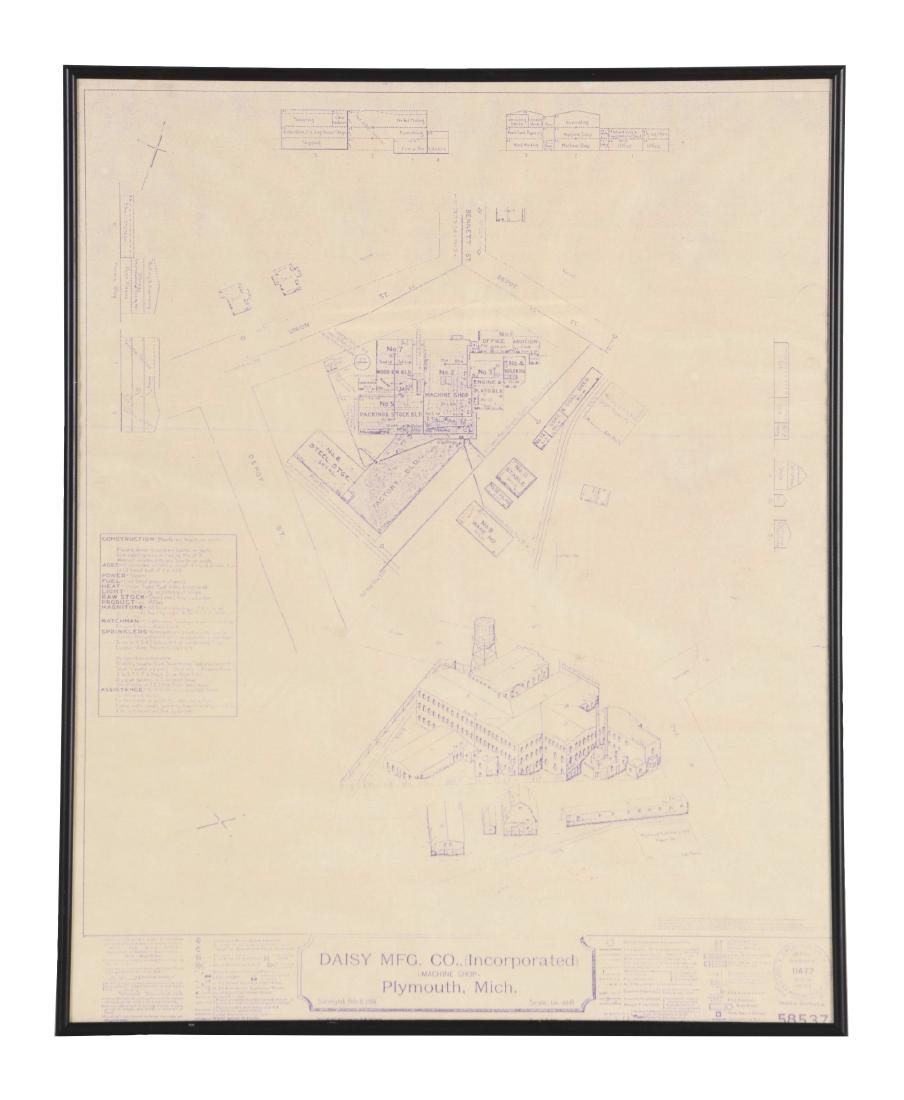 Vintage Copy of Daisy BB Gun Factory Blueprint in: Nicely framed. Blueprints have some creasing, especially at edges. Dimensions: Framed: 26 - 1/4" x 21 - 1/4". Condition: (Very Good - Excellent).